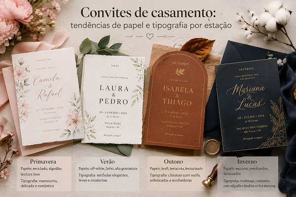 Convites de casamento: tendências de papel e tipografia por estação